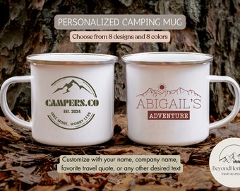 Personalized Campfire Mug Camping Mountain Coffee Mug Mountain Enamel Mug Camper Hiker Van Lake Coffee Cup Unique Custom Campfire Mug 12oz