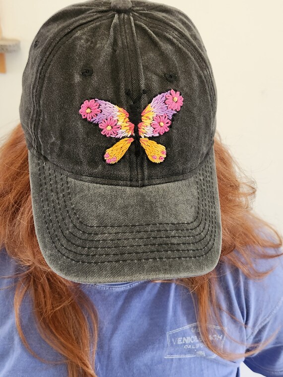 Embroidered Black‎ Cap with Colorful Butterfly Design Embroidered Colorful Butterfly Black Hat – Mota Boutique main image 2