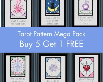 May include: A set of 6 cross-stitch patterns featuring tarot cards with colorful designs and text. The text includes quotes from each card. The title of the set is "Tarot Pattern Mega Pack Buy 5 Get 1 FREE".