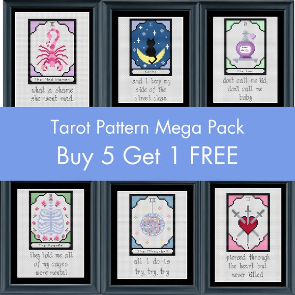 The Tarot Cross Stitch Pattern Mega Pack - Buy 5 Get 1 FREE - Instant PDF Download - Modern, Witchy, Folklore Cross Stitch Pattern