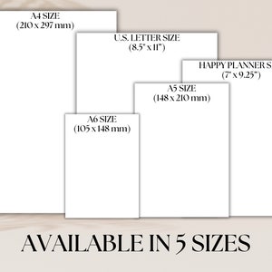May include: Five different sizes of blank paper are shown, with their dimensions listed in inches and millimeters. The sizes are A4, U.S. Letter, Happy Planner, A5, and A6. The text "AVAILABLE IN 5 SIZES" is at the bottom of the image.