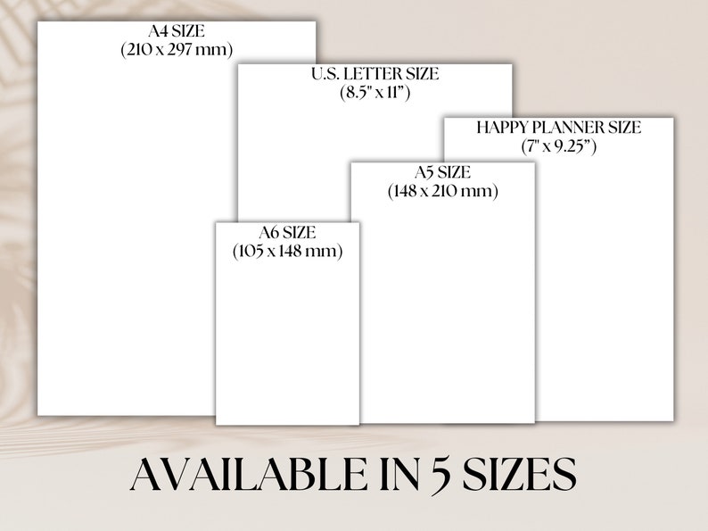 May include: Five different sizes of blank paper are shown, with their dimensions listed in inches and millimeters. The sizes are A4, U.S. Letter, Happy Planner, A5, and A6. The text "AVAILABLE IN 5 SIZES" is at the bottom of the image.