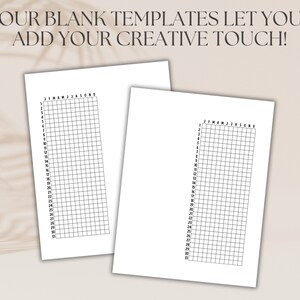 May include: Two blank calendar templates with a grid layout and numbered days of the month. The months are abbreviated as J, F, M, A, M, J, J, A, S, O, N, D.