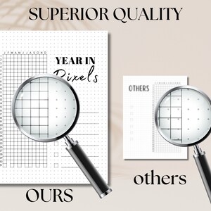 May include: A side-by-side comparison of two year in pixels trackers. The tracker on the left is labeled "OURS" and the tracker on the right is labeled "OTHERS". Both trackers are printed on white paper with a grid pattern and a magnifying glass is placed over each tracker to show the detail of the grid.