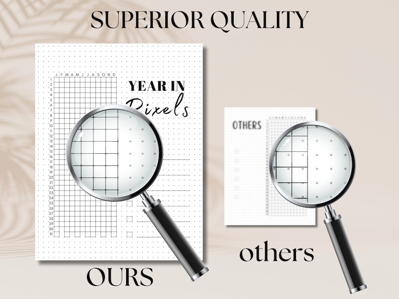 May include: A side-by-side comparison of two year in pixels trackers. The tracker on the left is labeled "OURS" and the tracker on the right is labeled "OTHERS". Both trackers are printed on white paper with a grid pattern and a magnifying glass is placed over each tracker to show the detail of the grid.