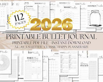 Bullet Journal imprimable 2026, suivi des habitudes et de l'humeur (téléchargement PDF)