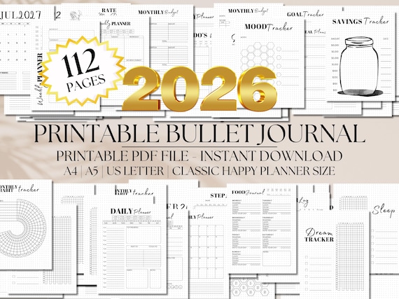 2026 Printable Bullet Journal, Habit & Mood Trackers (PDF Download)