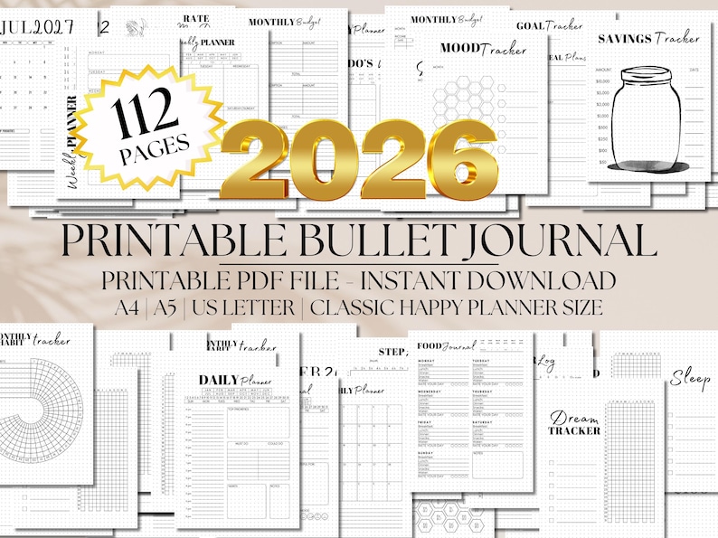 2026 Printable Bullet Journal, Habit & Mood Trackers (PDF Download) image 1