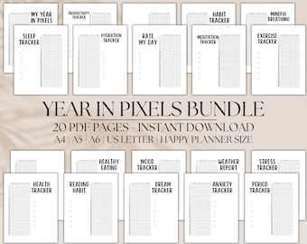 May include: A set of 20 printable PDF pages for a year in pixels tracker. The pages are designed for A4, A5, A6, US Letter, and Happy Planner sizes. The trackers include categories such as sleep, hydration, mood, exercise, and more.