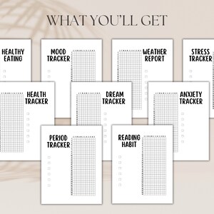 May include: Printable set of 10 black and white habit trackers with gridded sections and checkboxes. The trackers include: Healthy Eating, Mood Tracker, Health Tracker, Period Tracker, Dream Tracker, Weather Report, Stress Tracker, Anxiety Tracker, Reading Habit.