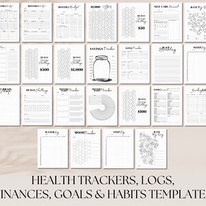 May include: A black and white printable planner with pages for tracking finances, goals, habits, mood, sleep, water intake, steps, and more. The pages are designed with a minimalist aesthetic and include sections for journaling, brain dumps, and rating your day.