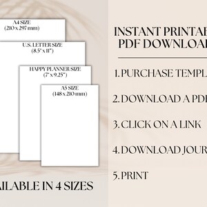 May include: A graphic showing four different sizes of printable paper: A4 (210 x 297 mm), U.S. Letter (8.5" x 11"), Happy Planner (7" x 9.25"), and A5 (148 x 210 mm). The text "INSTANT PRINTABLE PDF DOWNLOADS" is on the right side of the image, with instructions on how to download and print the files.