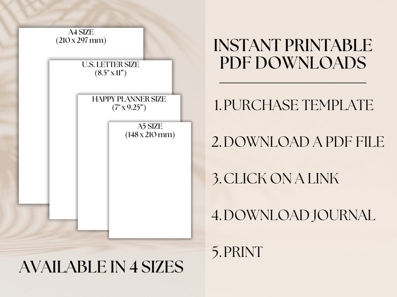 May include: A graphic showing four different sizes of printable paper: A4 (210 x 297 mm), U.S. Letter (8.5" x 11"), Happy Planner (7" x 9.25"), and A5 (148 x 210 mm). The text "INSTANT PRINTABLE PDF DOWNLOADS" is on the right side of the image, with instructions on how to download and print the files.