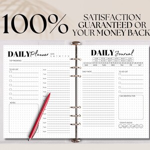 May include: A black and white daily planner and journal with dotted pages. The planner has sections for top priorities, to-do list, notes, and time slots. The journal has sections for daily notes, to-do list, a gratitude log, and a mood tracker.