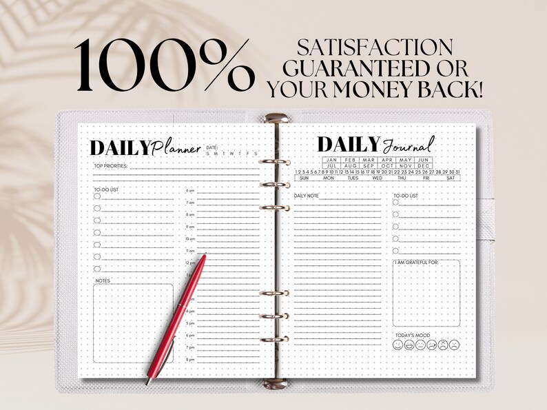 May include: A black and white daily planner and journal with dotted pages. The planner has sections for top priorities, to-do list, notes, and time slots. The journal has sections for daily notes, to-do list, a gratitude log, and a mood tracker.