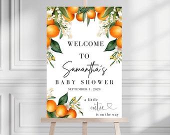 May include: Orange blossom baby shower welcome sign with the text "Welcome to Samantha's Baby Shower September 1, 2024 a little cutie is on the way".
