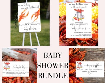 May include: A printable baby shower bundle with a crawfish theme. The bundle includes a welcome sign, invitation, diaper raffle sign, and a book request card. The text on the invitation reads "Join us for Kaitlyn & Gregory's baby shower, Saturday April 15, 2023, 2 PM, The Smith Residence, 123 Anywhere Street, Boston 12315, RSVP to Katie by 555-555-5555".