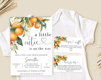 Puede incluir: Invitación a una baby shower con un diseño de flores de azahar. La invitación presenta una ilustración de acuarela de flores de azahar y naranjas. El texto dice "a little cutie is on the way".