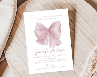 Inbjudan till babyshower med blöja och våtservetter, blöja och våtservetter-inbjudan, rosa rosettinbjudan, REDIGERINGSBAR, BL52