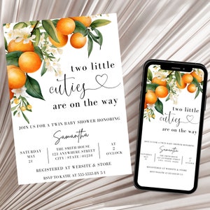 Pu&ograve; includere: Un invito a una baby shower per gemelli con un'illustrazione ad acquerello di fiori d'arancio e il testo "two little cuties are on the way". L'invito include la data, l'ora e il luogo della festa, nonch&eacute; il nome della futura mamma, Samantha.