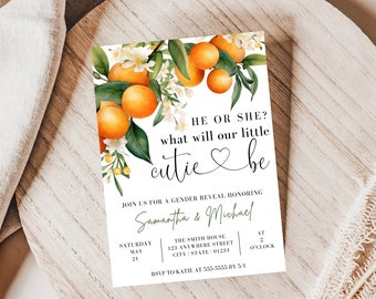 Little Cutie Gender Reveal Invitation, A Little Cutie Is On The Way Gender Reveal Invitation, Citrus Gender Reveal Invitation, EDITABLE