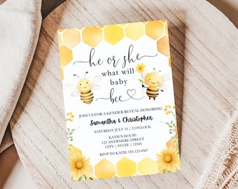Bee Themed Gender Reveal Invitations, Gender Reveal Invitation Bumble Bee, He or She What Will Baby Bee Gender Reveal Invitation, EDITABLE