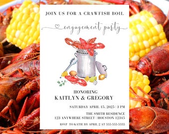 Könnte beinhalten: Eine weiße Einladungskarte mit einer Aquarell-Illustration eines Topfes mit Krebsen. Der Text lautet "Join us for a crawfish boil engagement party honoring Kaitlyn & Gregory Saturday April 15, 2025 3 PM The Smith Residence 123 Anywhere Street Houston 12345 RSVP to Katie by April 2 at 555-555-5555".