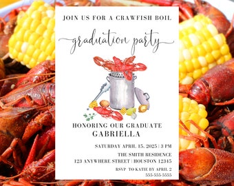 May include: A white invitation card with a watercolor illustration of crawfish in a pot. The text reads "Join us for a crawfish boil graduation party honoring our graduate Gabriella. Saturday April 15, 2025 3 PM The Smith Residence 123 Anywhere Street Houston 12345 RSVP to Katie by April 2 555-555-5555"