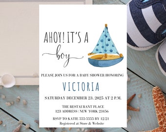 Ahoy Its a Boy Invitation, Ahoy It's A Boy Baby Shower Invitations, Ahoy It's a Boy Invitation, Nautical Baby Shower Invitation, BL13
