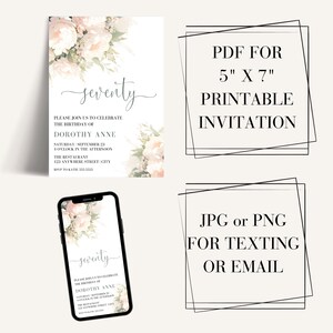 Op de afbeelding: Printbare 70e verjaardagsinvitation met een bloemenontwerp. De uitnodiging is beschikbaar in PDF-formaat om te printen op 12,7 x 17,8 cm en in JPG of PNG om te sms'en of te e-mailen. De tekst op de uitnodiging luidt "zeventig" en "We nodigen u uit om de verjaardag van Dorothy Anne te vieren".