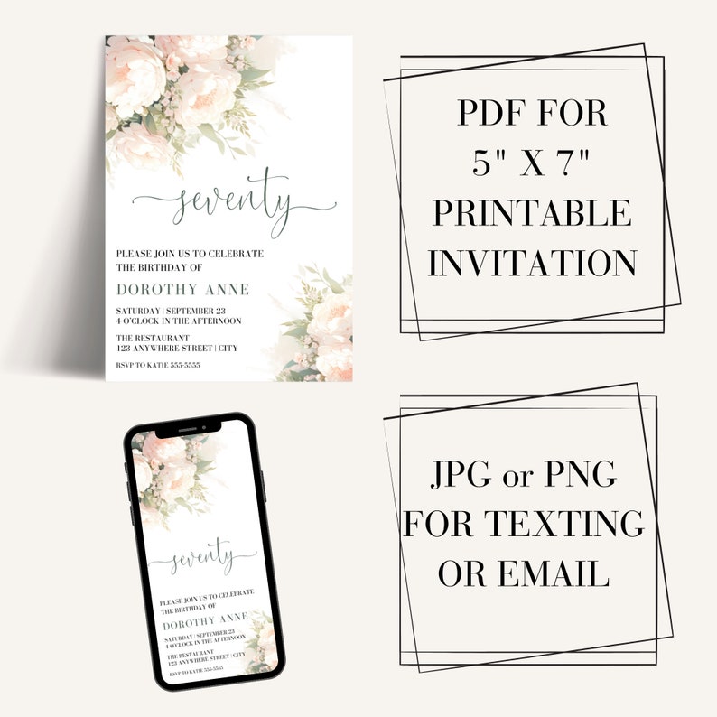 Op de afbeelding: Printbare 70e verjaardagsinvitation met een bloemenontwerp. De uitnodiging is beschikbaar in PDF-formaat om te printen op 12,7 x 17,8 cm en in JPG of PNG om te sms'en of te e-mailen. De tekst op de uitnodiging luidt "zeventig" en "We nodigen u uit om de verjaardag van Dorothy Anne te vieren".
