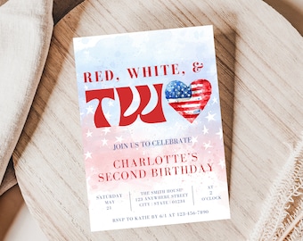Red White And Two Invitation, Red White And Two Invite, Red White And Two Birthday Invitation, 4th Of July Birthday Invitation, EDITABLE
