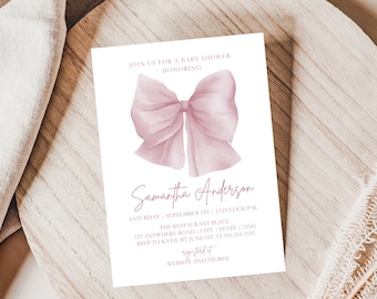 Pink Ribbon Baby Shower Invitation, Pink Bow Girl Baby Shower Invitation, Pink Bow Invitation for Baby Shower, Pink Bow Baby Sprinkle Invite