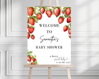 Letrero de bienvenida para baby shower con temática de fresas, letrero de bienvenida para baby shower con temática de fresas, el bebé dulce de bayas está en camino
