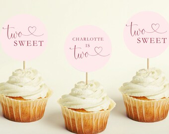 Two Sweet Cupcake Topper, Second Birthday Cupcake Topper, Pink Cupcake Topper, Two Sweet Birthday Theme, Two Sweet Birthday Decor, BL30
