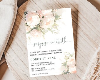 Floral 90th Birthday Invitation, Surprise 90th Birthday Party Invite, 90th Birthday Party Invitation Digital, 90 Years Loved, EDITABLE