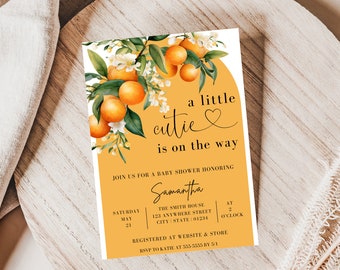 Invitación "A Little Cutie Is On The Way", invitaciones para baby shower "A Little Cutie Is On The Way", invitación para baby shower con temática cítrica, naranja, EDITABLE