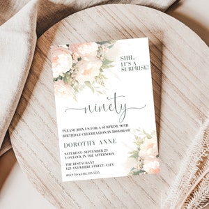 Floral 90th Birthday Invitation, Surprise 90th Birthday Party Invite, 90th Birthday Party Invitation Digital, 90 Years Loved, EDITABLE