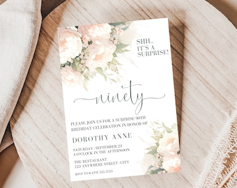 Floral 90th Birthday Invitation, Surprise 90th Birthday Party Invite, 90th Birthday Party Invitation Digital, 90 Years Loved, EDITABLE