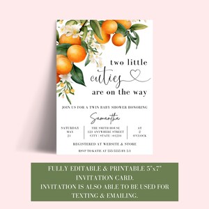 Pu&ograve; includere: Un invito per una festa di benvenuto per gemelli stampabile con un'illustrazione ad acquerello di fiori d'arancio e arance. Il testo recita "two little cuties are on the way".