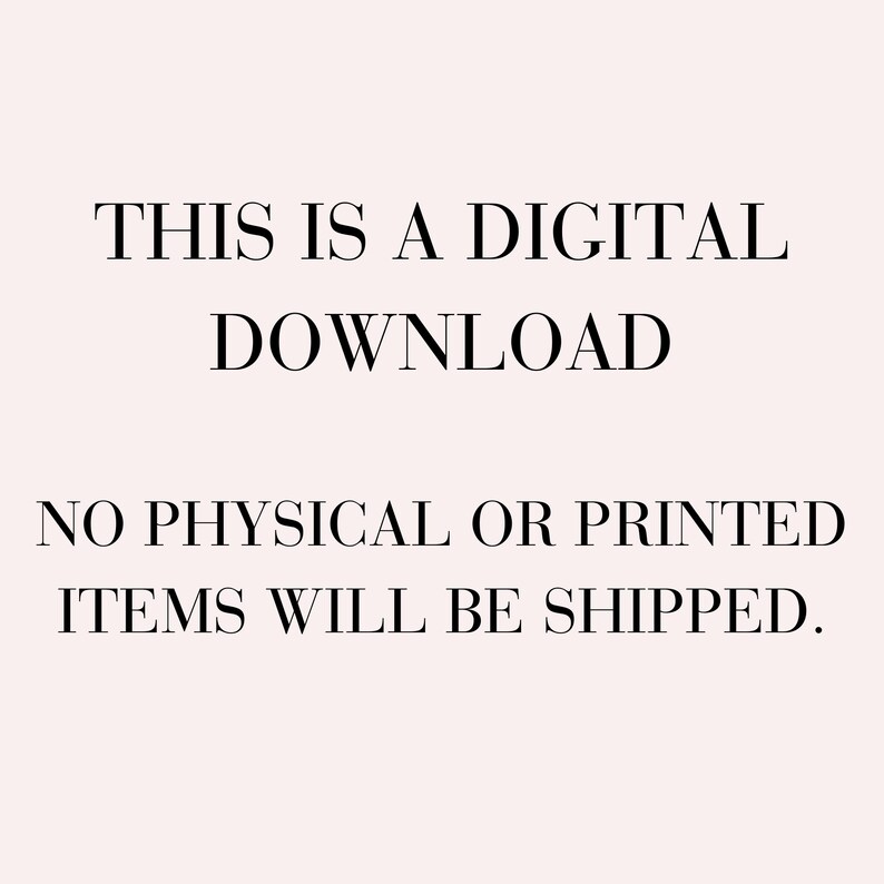 Op de afbeelding: Tekst op een witte achtergrond die luidt: "Dit is een digitale download. Er worden geen fysieke of gedrukte artikelen verzonden."