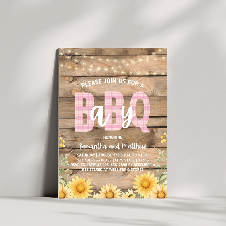 BabyQ-inbjudan rosa, babyshowerinbjudan för par baby Q, baby Q-inbjudan rosa, baby Q-babyshowerinbjudan, baby Q-solrosinbjudan bild 1