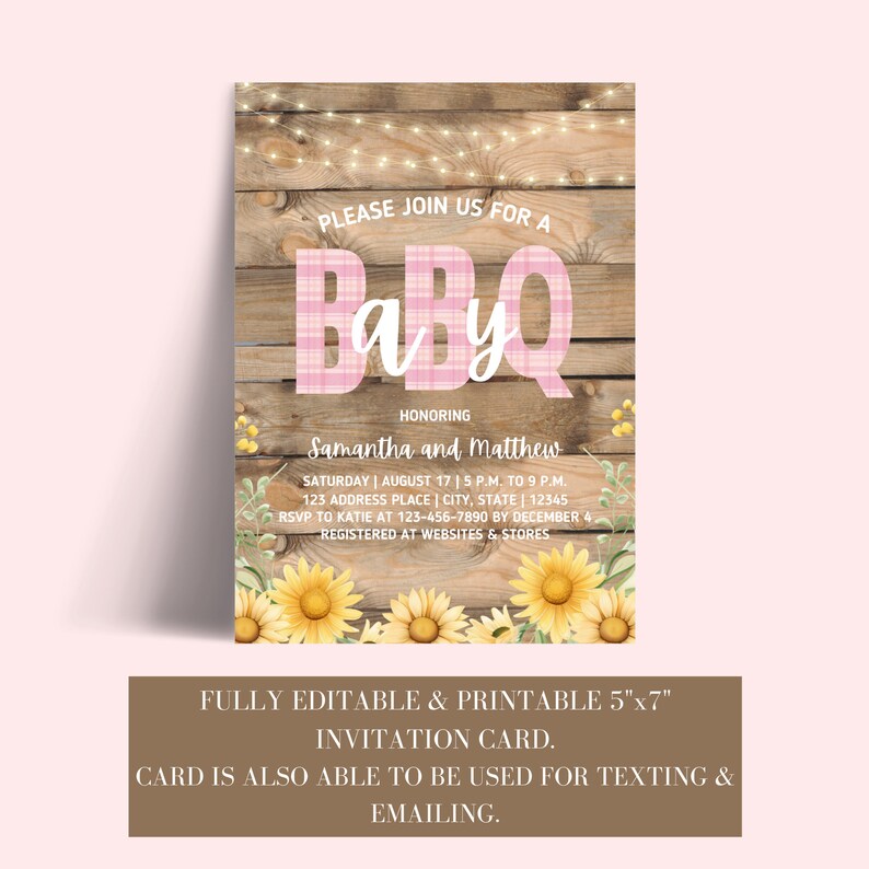 BabyQ-inbjudan rosa, babyshowerinbjudan för par baby Q, baby Q-inbjudan rosa, baby Q-babyshowerinbjudan, baby Q-solrosinbjudan bild 6