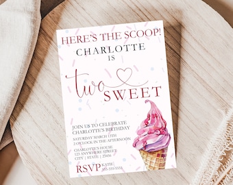 Two Sweet Ice Cream Invitation, Two Sweet Birthday Party Invitation, Two Sweet Digital Invitation, Girl Birthday, PRINTABLE, EDITABLE, BL30