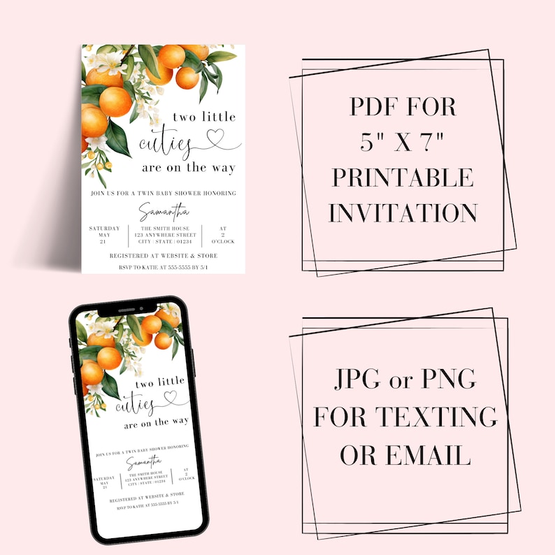 Pu&ograve; includere: Invito stampabile per una baby shower di gemelli con un design floreale con fiori d'arancio e arance. L'invito recita "Due piccoli tesori sono in arrivo" e include il testo "PDF per 5" x 7" Invito stampabile" e "JPG o PNG per SMS o e-mail".