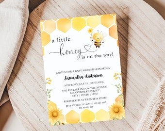 A Little Honey Is On The Way Baby Shower Invitation, A Little Honey Is On The Way Invitation, Sunflower Bee Baby Shower Invitation, EDITABLE