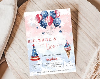 Red White And Two Invitation, Red White And Two Invite, Red White And Two Birthday Invitation, 4th Of July Birthday Invitation, EDITABLE