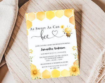 Sweet As Can Bee Baby Shower Invitations, Sunflower Bee Baby Shower Invitation, Sweet As Can Bee Invite, Honey Bee Baby Shower Invite, Bees