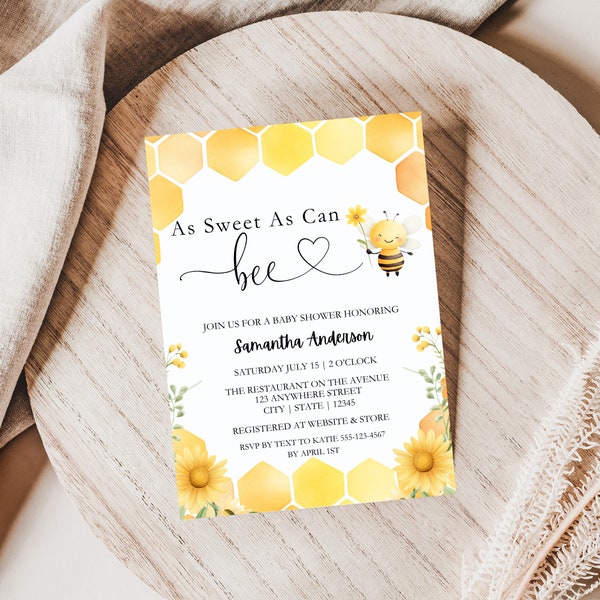 Sweet As Can Bee Baby Shower Invitations, Sunflower Bee Baby Shower Invitation, Sweet As Can Bee Invite, Honey Bee Baby Shower Invite, Bees