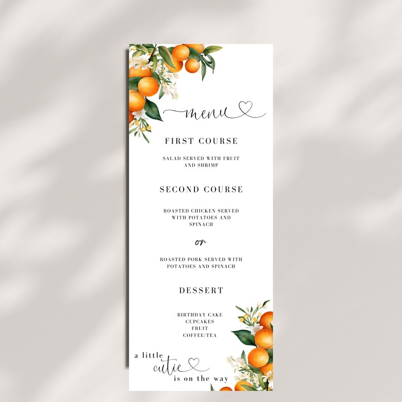 Menu First Course Layout Food Menu for Baby Shower, Custom Menu for Baby Shower, A Little Cutie ...